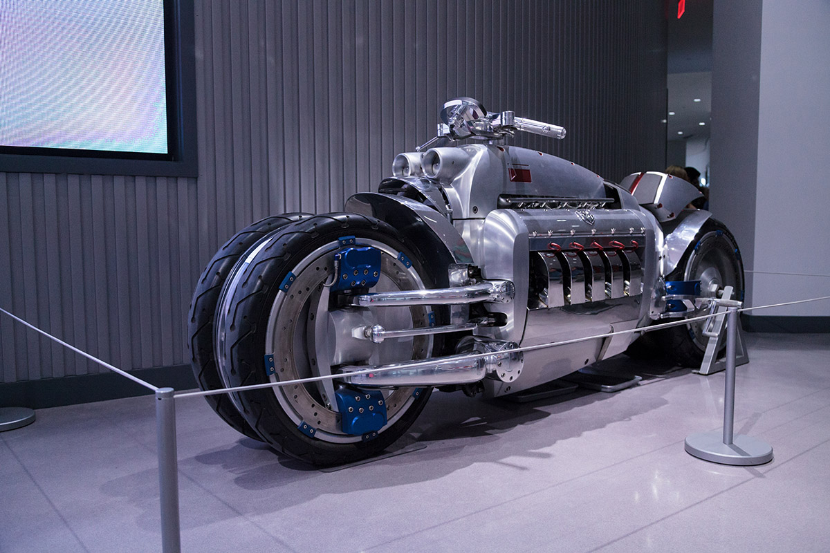 This 2003 Dodge Tomahawk motorcycle was one of only 9 built. It is part of the collection of FCA at the Petersen Automotive Museum