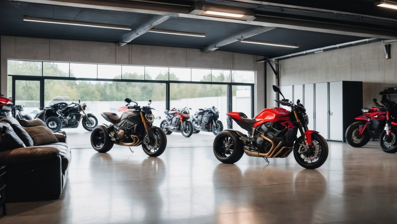 Showroom with red and black naked bikes in front of large windows